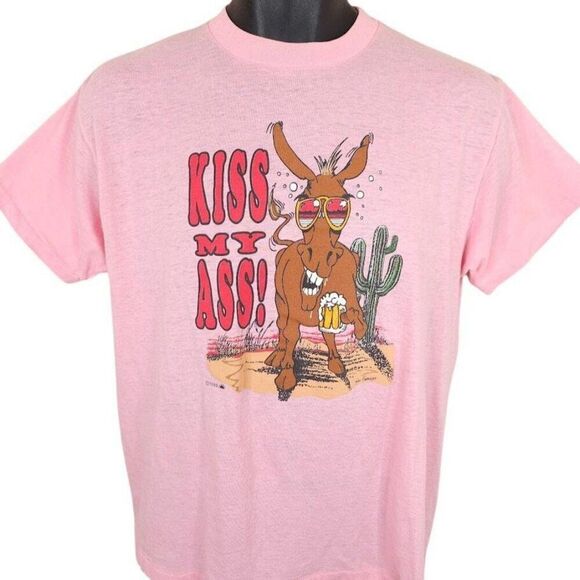 Vintage Kiss My Ass T Shirt Mens Size Large Pink 80s Donkey Beer Made In USA - Picture 1 of 7